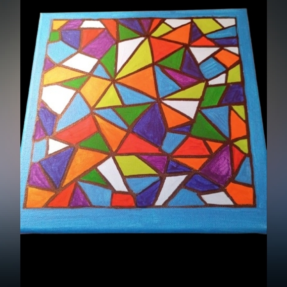 Handpainted Set Of 2 Colorful Geometric Art Canvas Set Wall Decor Signed 8x8" - Picture 3 of 6